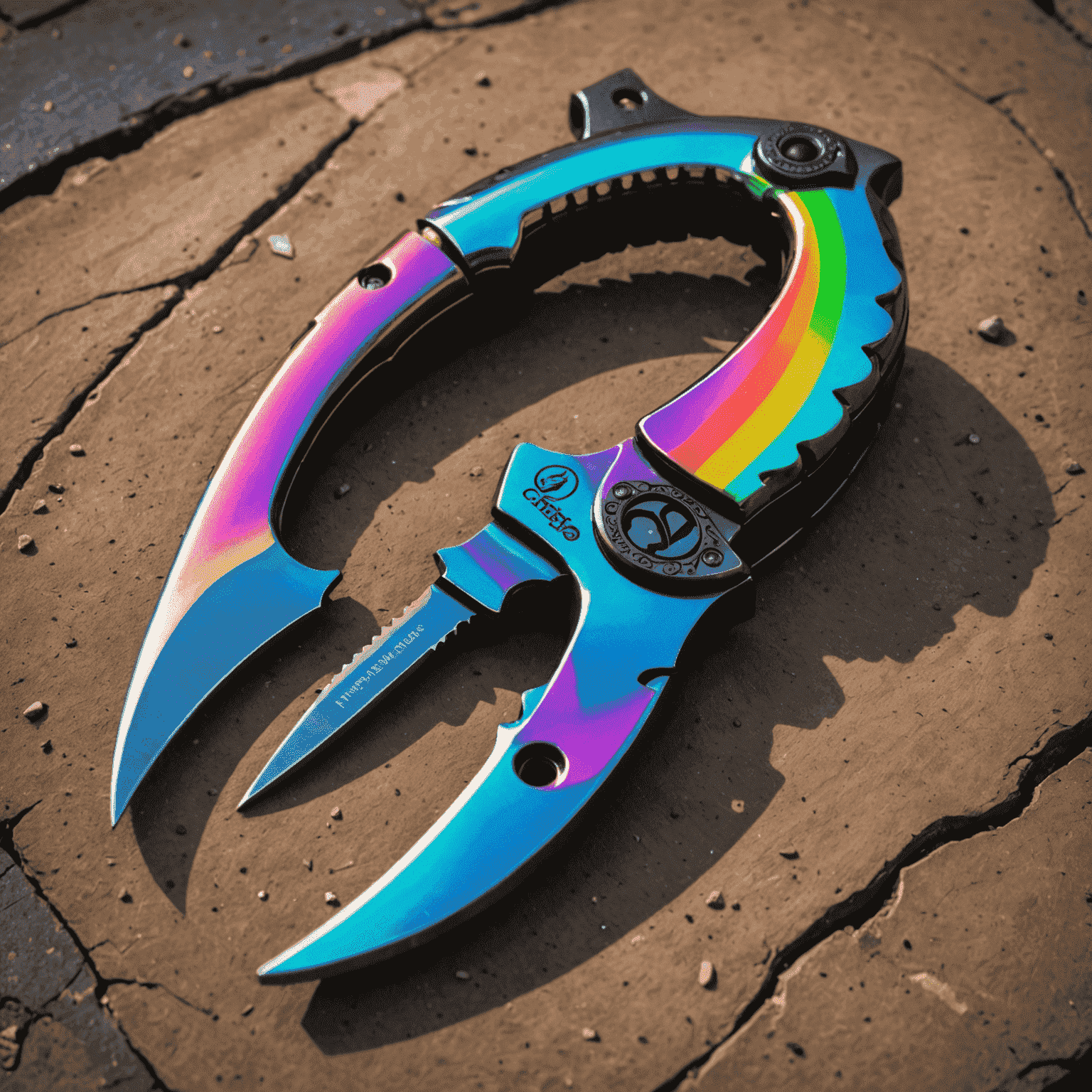 Un'immagine di una skin leggendaria di CS:GO, un coltello karambit con una finitura cromata arcobaleno che brilla intensamente