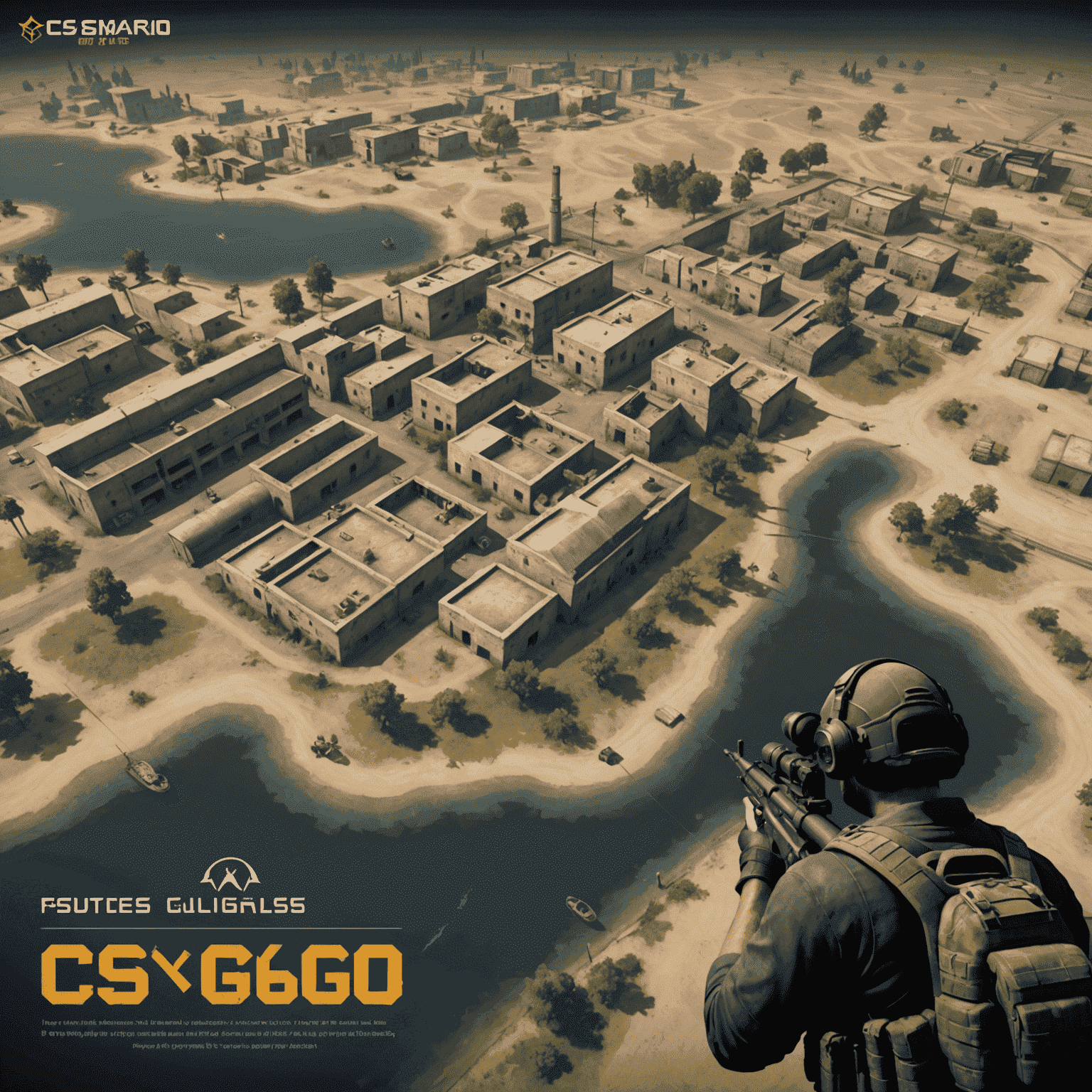 Immagine di una mappa di CS:GO con indizi nascosti e giocatori che cercano oggetti virtuali, con un'interfaccia di gioco sovrapposta che mostra il progresso